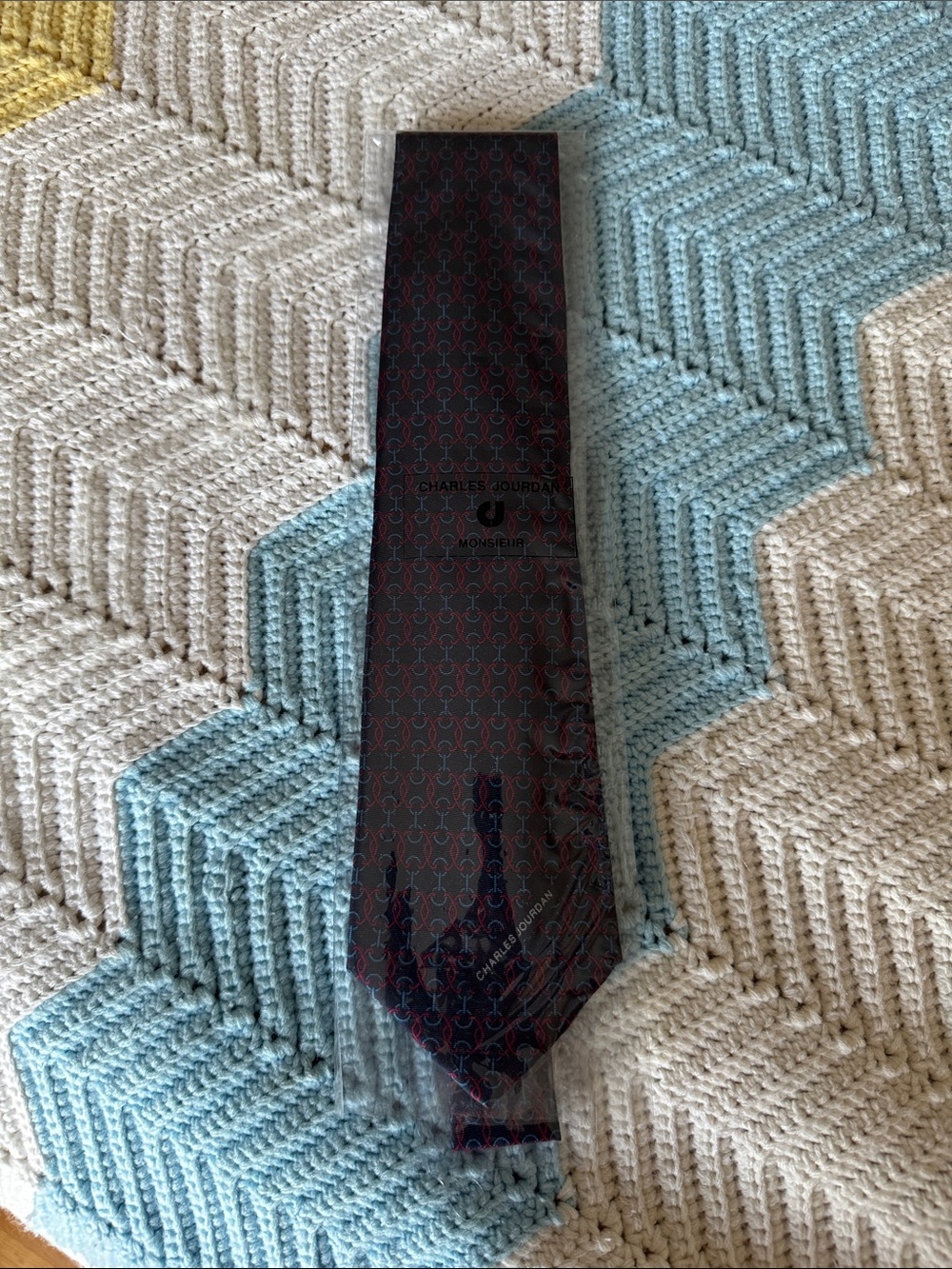 Charles Jourdan Navy and Burgundy Silk Tie with Interlocking Motif